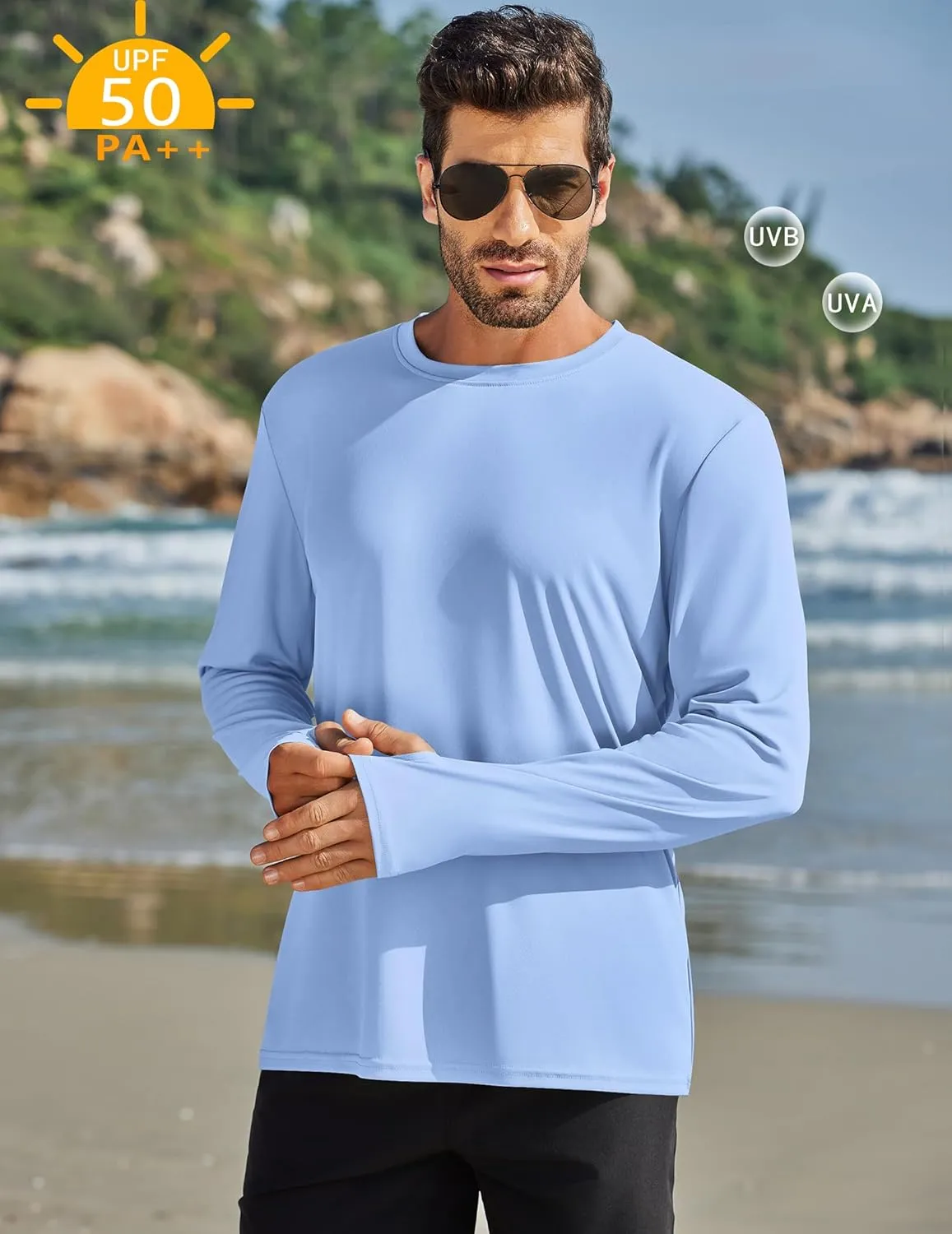 PINSPARK 2 Pack Men's Rash Guard Shirts with Thumb Holes Lightweight UPF 50  Long Sleeve Sun Shirt Quick Dry Swimming Shirts
