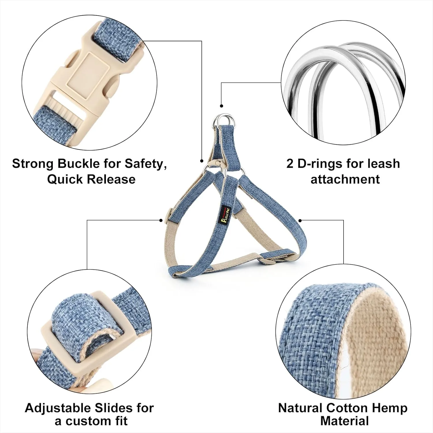 Plutus Pet Cotton Hemp Step in Dog Harness, Sustainable, Lightweight and Escape-Proof, Quick Fit Dog Harness for Puppy Small Medium and Large Dogs, Haze Blue, L