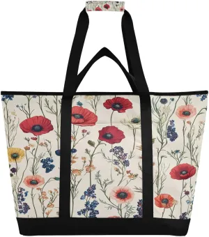 Poppy Flowers Reusable Insulated Lunchbox Cooler Bag, Leakproof Kitchen Grocery Bag Collapsible Portable Cooler Tote Bag for Picnic, Camping, Office, Travel