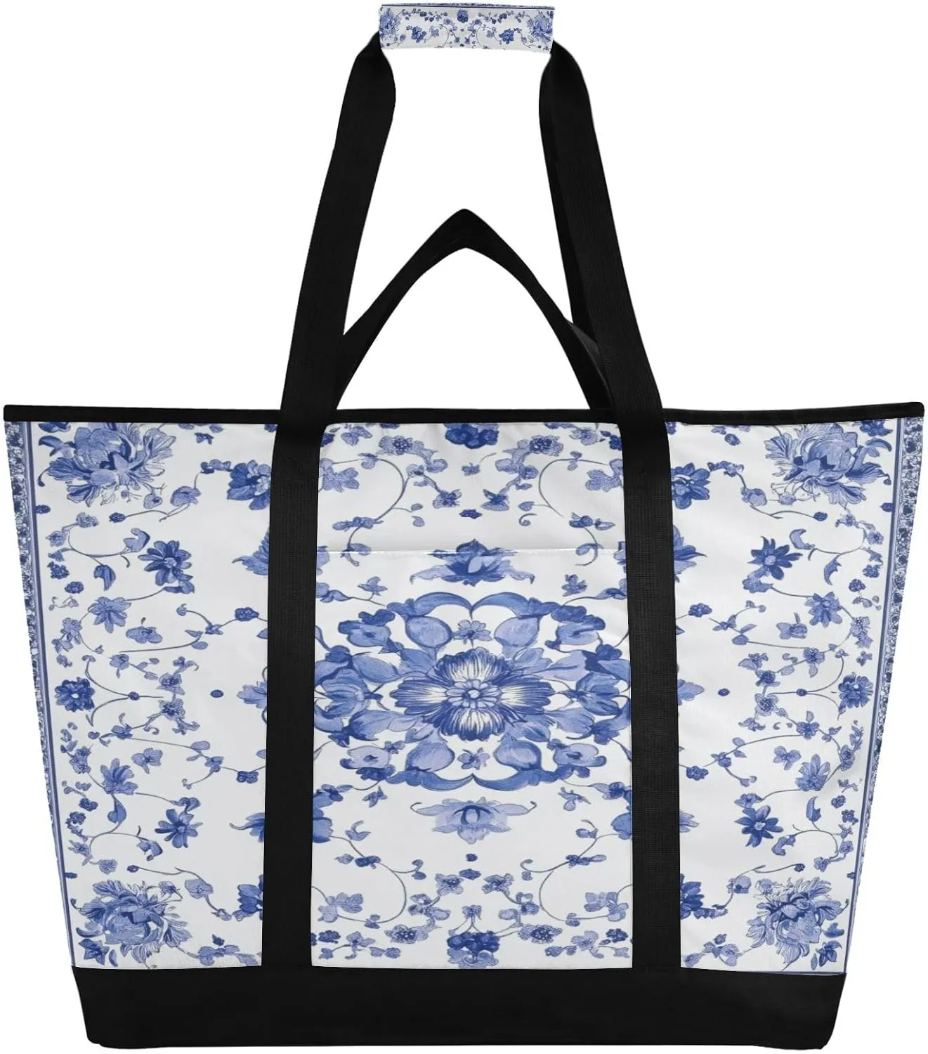 Porcelain Floral Pattern Reusable Insulated Lunchbox Cooler Bag, Leakproof Kitchen Grocery Bag Collapsible Portable Cooler Tote Bag for Picnic, Camping, Office, Travel