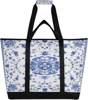 Porcelain Floral Pattern Reusable Insulated Lunchbox Cooler Bag, Leakproof Kitchen Grocery Bag Collapsible Portable Cooler Tote Bag for Picnic, Camping, Office, Travel