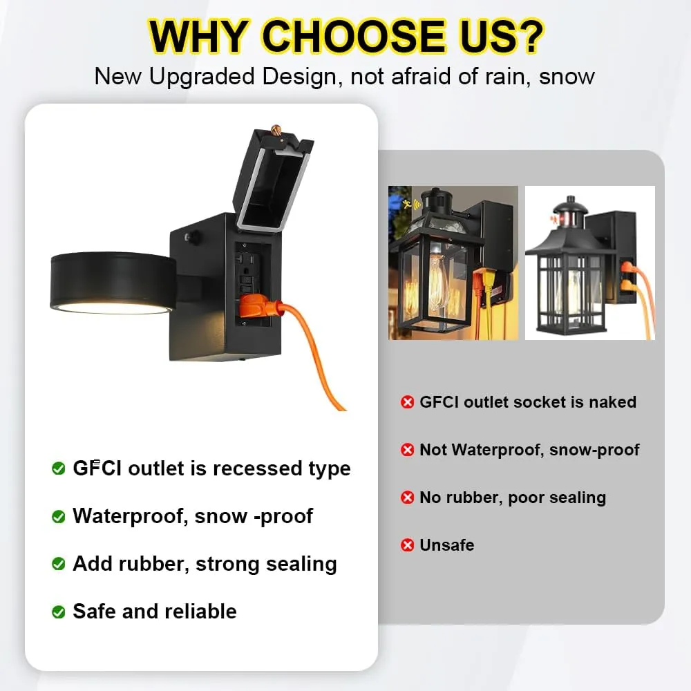 Porch Lights with GFCI Outlet, Dusk to Dawn Outdoor Lights with Outlet, Led Aluminum Exterior Light Fixture Waterproof, Outside Lights for House Front Door Patio Garage