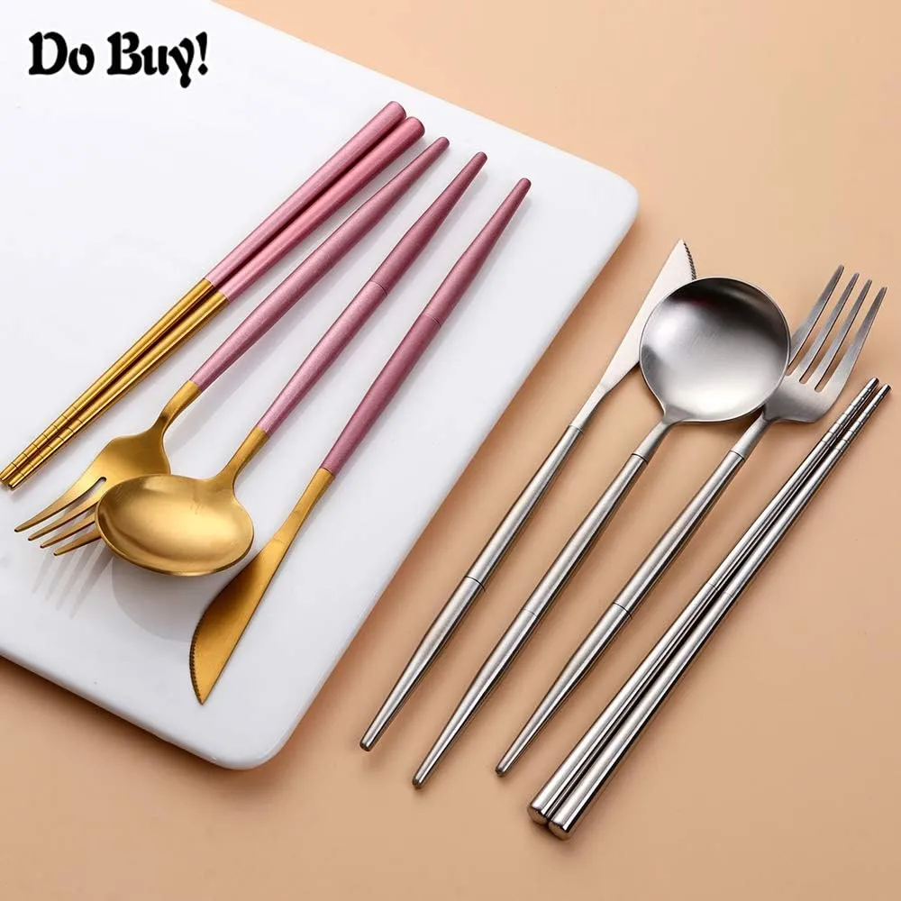 Portable & Reusable Stainless Steel Travel Cutlery Set，Folding Utensil Set with Case ，for Camping, Picnic, Office and On-The-Go (Pocket Sized Flatware Set) (Black) (Pink Gold)