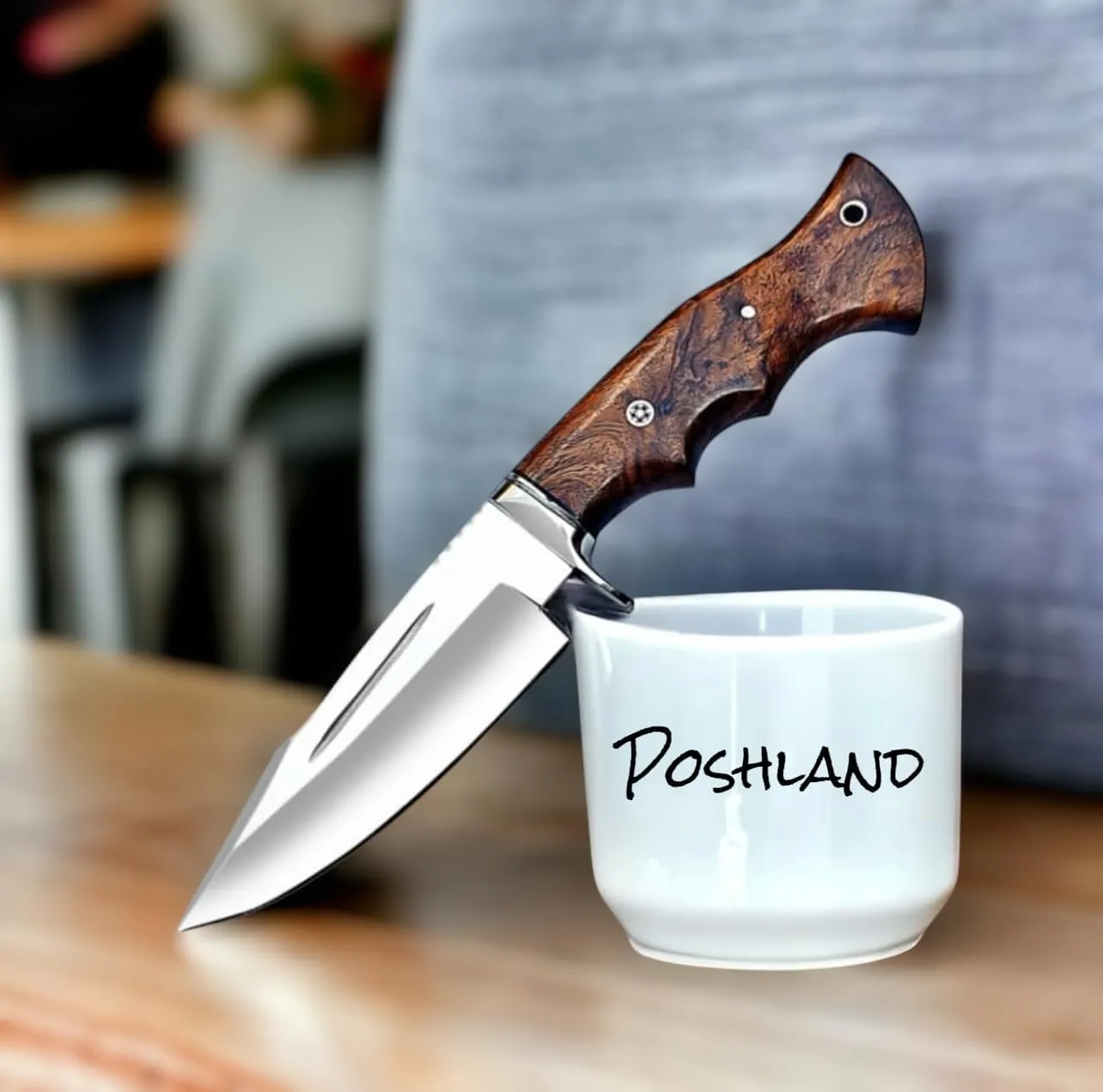 Poshland Handmade Hunting Knife - 10" Bushcraft Fixed Blade EDC Knife with D2 Steel Blade, Walnut Wood Handle, Leather Sheath
