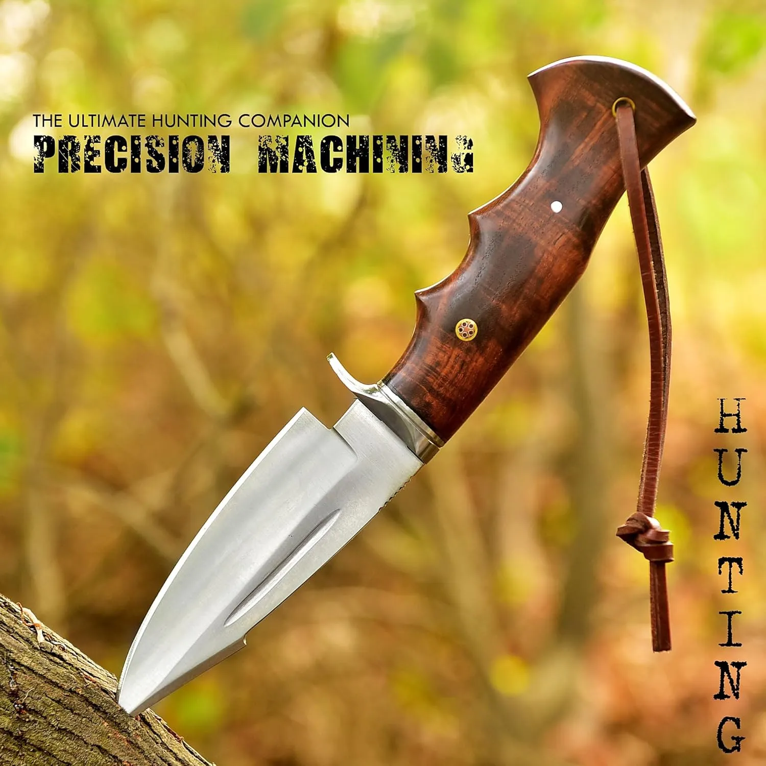 Poshland Handmade Hunting Knife - 10" Bushcraft Fixed Blade EDC Knife with D2 Steel Blade, Walnut Wood Handle, Leather Sheath