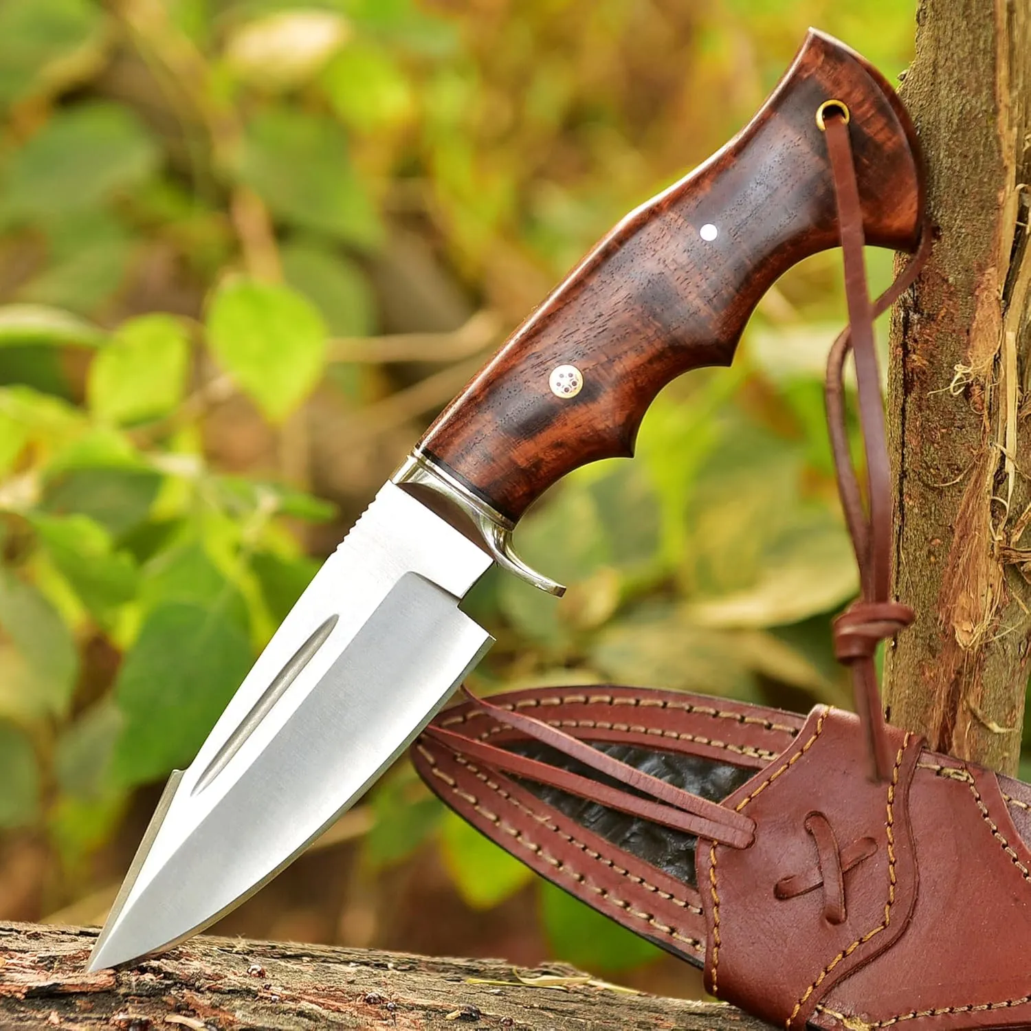 Poshland Handmade Hunting Knife - 10" Bushcraft Fixed Blade EDC Knife with D2 Steel Blade, Walnut Wood Handle, Leather Sheath