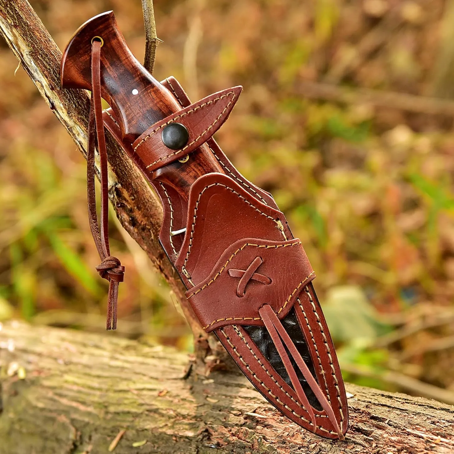 Poshland Handmade Hunting Knife - 10" Bushcraft Fixed Blade EDC Knife with D2 Steel Blade, Walnut Wood Handle, Leather Sheath