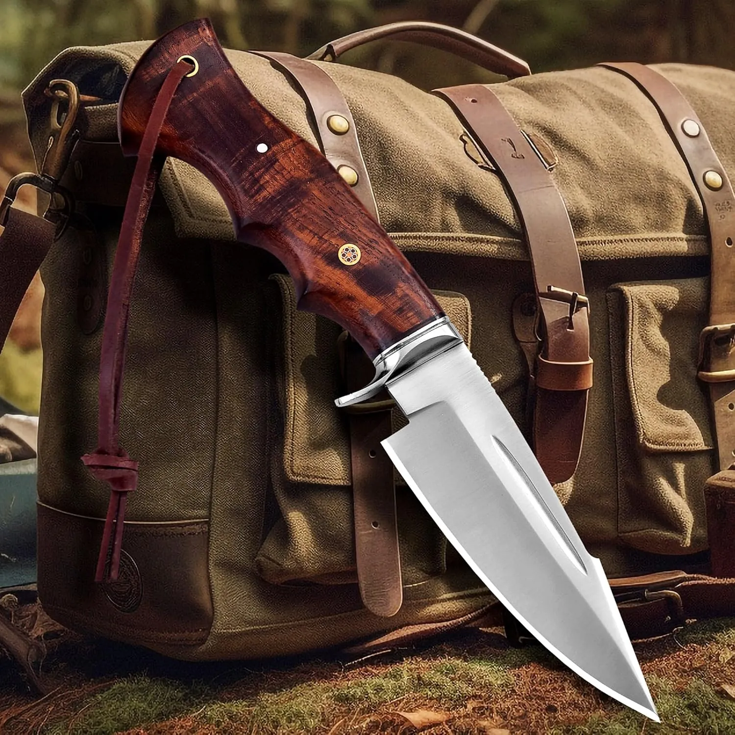 Poshland Handmade Hunting Knife - 10" Bushcraft Fixed Blade EDC Knife with D2 Steel Blade, Walnut Wood Handle, Leather Sheath