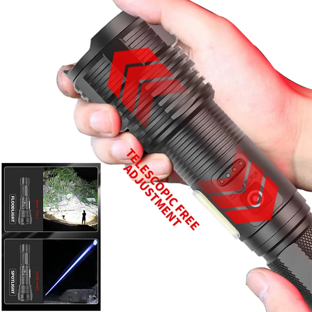 Powerful Zoomable LED Flashlight with Side Light, 5 Gears, IPX4 Waterproof