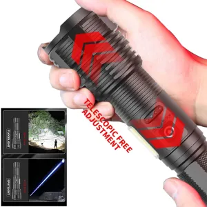 Powerful Zoomable LED Flashlight with Side Light, 5 Gears, IPX4 Waterproof