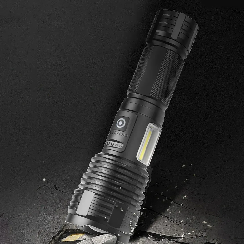 Powerful Zoomable LED Flashlight with Side Light, 5 Gears, IPX4 Waterproof