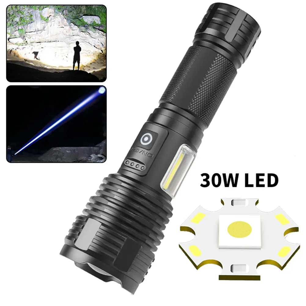 Powerful Zoomable LED Flashlight with Side Light, 5 Gears, IPX4 Waterproof