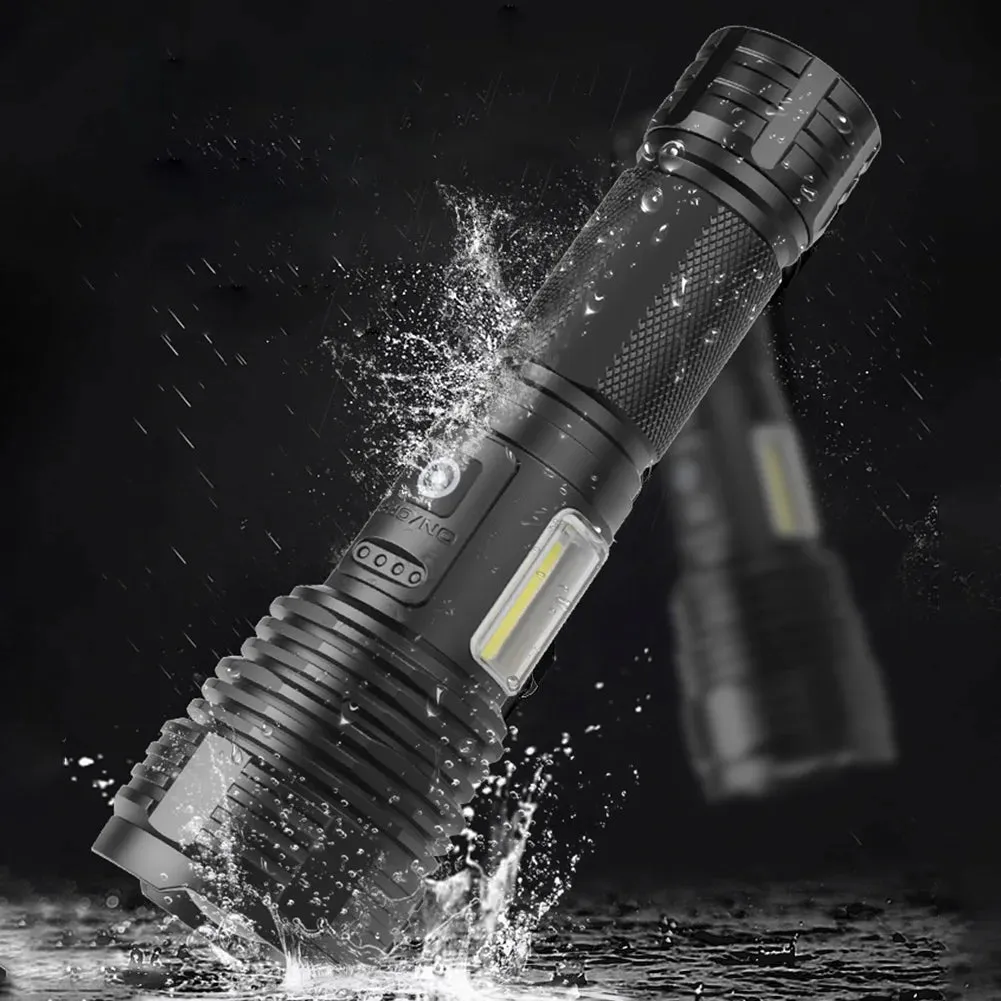 Powerful Zoomable LED Flashlight with Side Light, 5 Gears, IPX4 Waterproof