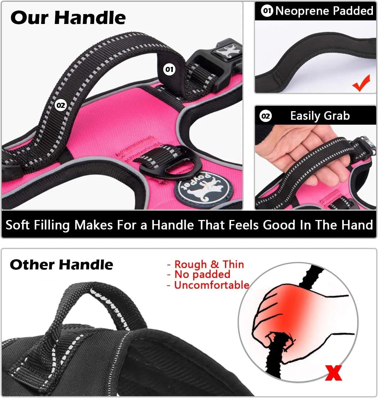 PoyPet Dog Harness and Leash Combo, Escape Proof No Pull Vest Harness, with 5 Feet Leash, Reflective Adjustable Soft Padded Pet Harness with Handle for Small to Large Dogs(Pink,L)
