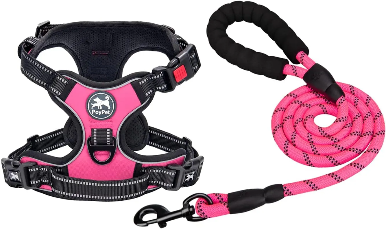 PoyPet Dog Harness and Leash Combo, Escape Proof No Pull Vest Harness, with 5 Feet Leash, Reflective Adjustable Soft Padded Pet Harness with Handle for Small to Large Dogs(Pink,L)