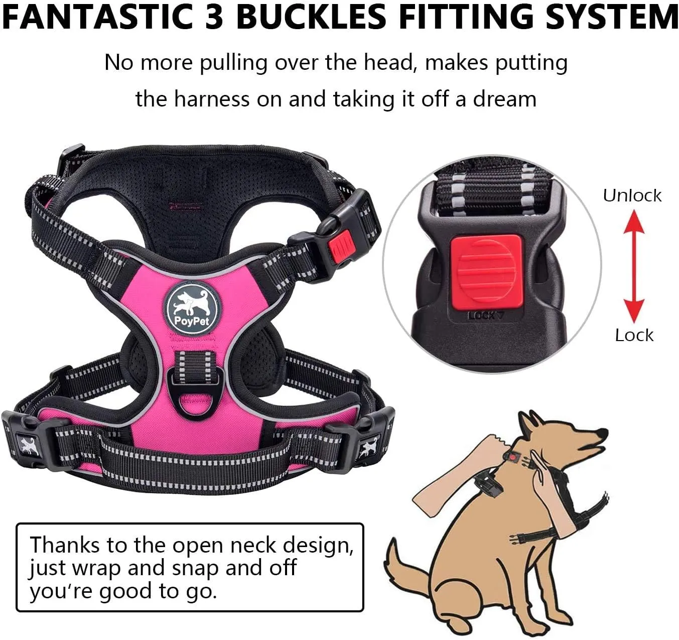 PoyPet Dog Harness and Leash Combo, Escape Proof No Pull Vest Harness, with 5 Feet Leash, Reflective Adjustable Soft Padded Pet Harness with Handle for Small to Large Dogs(Pink,L)