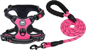 PoyPet Dog Harness and Leash Combo, Escape Proof No Pull Vest Harness, with 5 Feet Leash, Reflective Adjustable Soft Padded Pet Harness with Handle for Small to Large Dogs(Pink,L)
