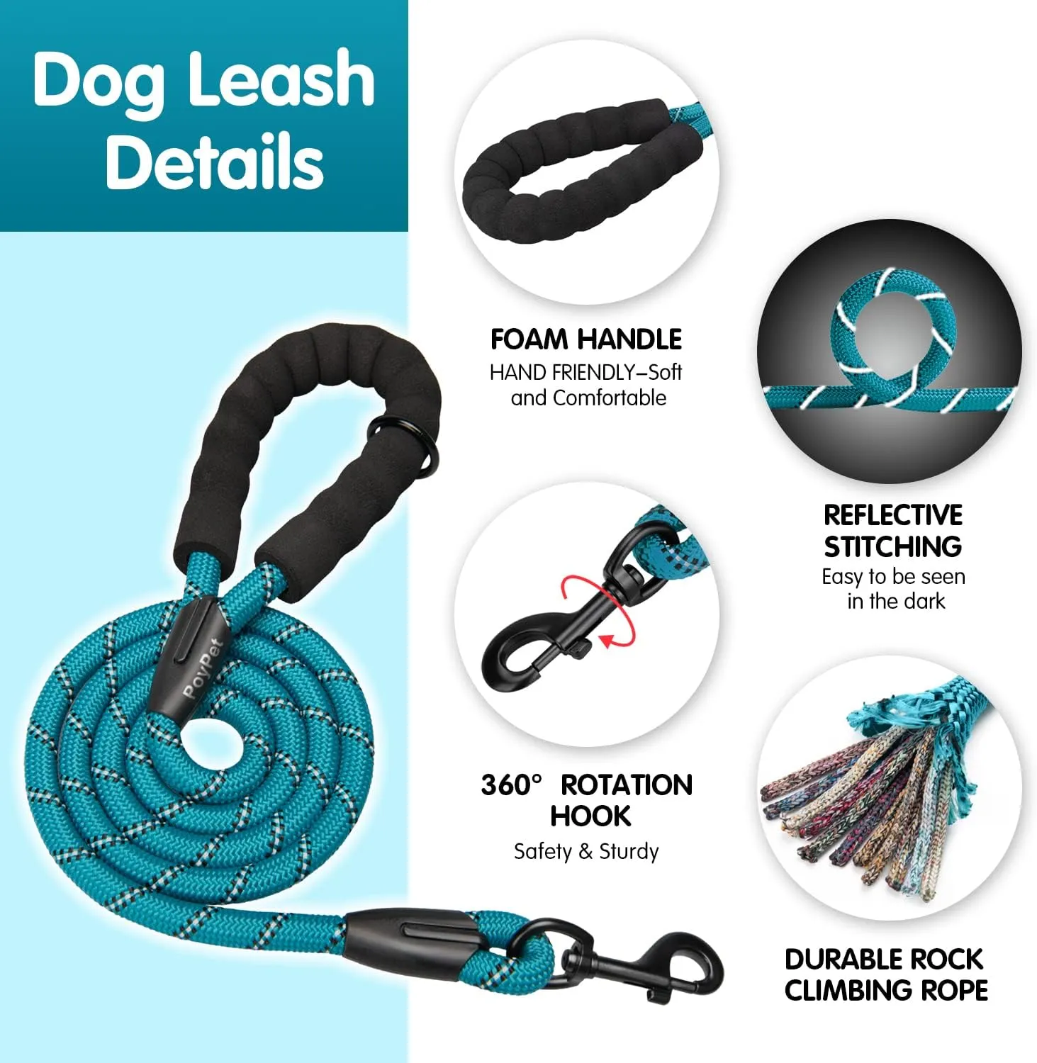 PoyPet No Pull Dog Harness and 5 Feet Leash Set, Release on Neck Reflective Adjustable Pet Vest, Front & Back 2 D-Ring and Soft Padded Pet Harness with Handle for Small to Large Dogs(Tumalo Teal,L)