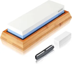 Premium Knife Sharpener, 2 Side Grit 1000/6000 Whetstone, Non-Slip Bamboo Base & Angle Guide