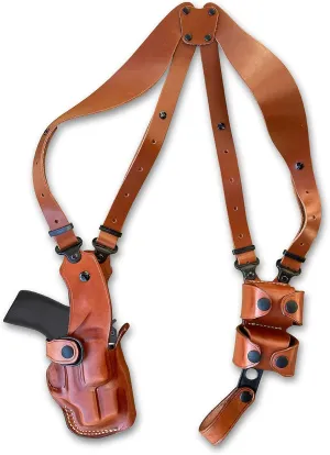 Premium Leather Vertical Shoulder Holster System with Double Speed Loader Pouch, for Chiappa Rhino 20DS 357 Mag/9mm 2" Barrel, Right Hand Draw, Brown Color #1081#