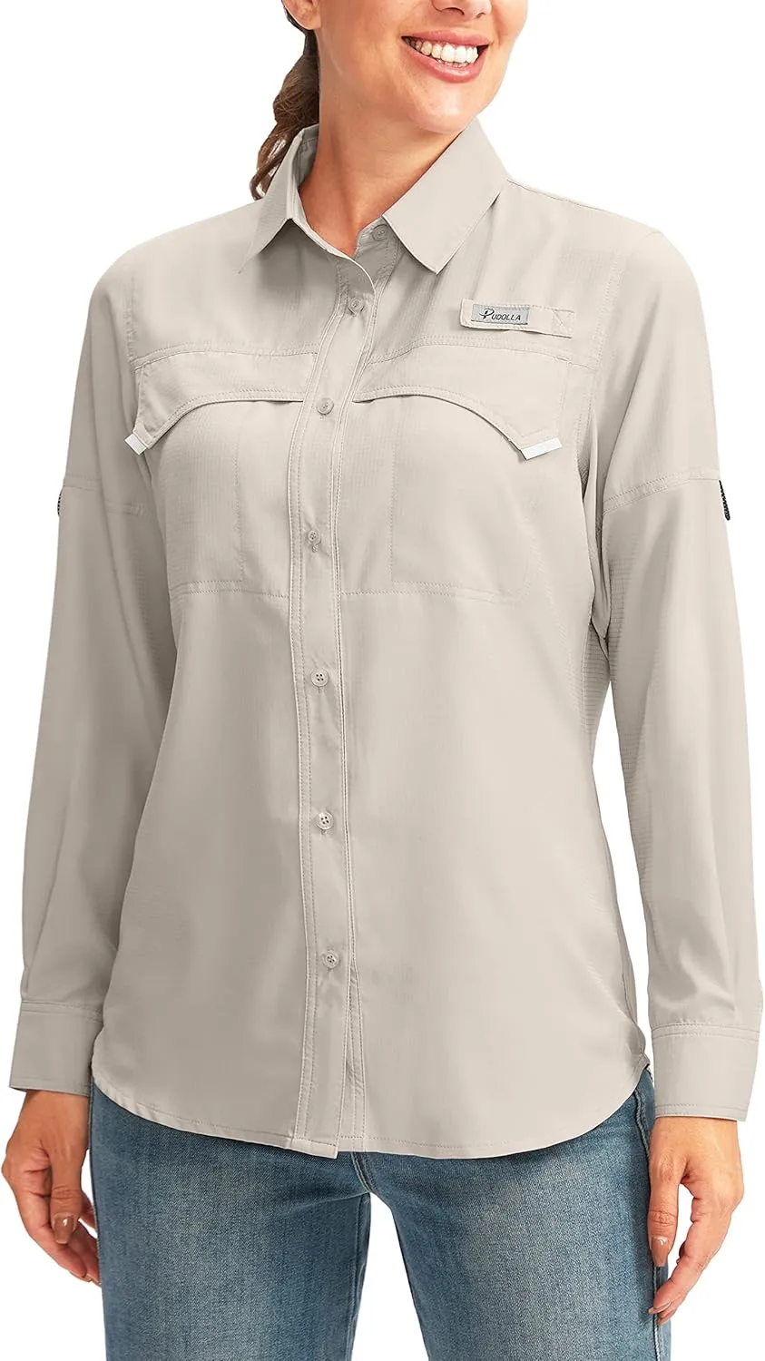 Pudolla Women's UPF 50  UV Sun Protection Shirts Long Sleeve Fishing Hiking Shirt Cool Lightweight Travel Safari Shirts