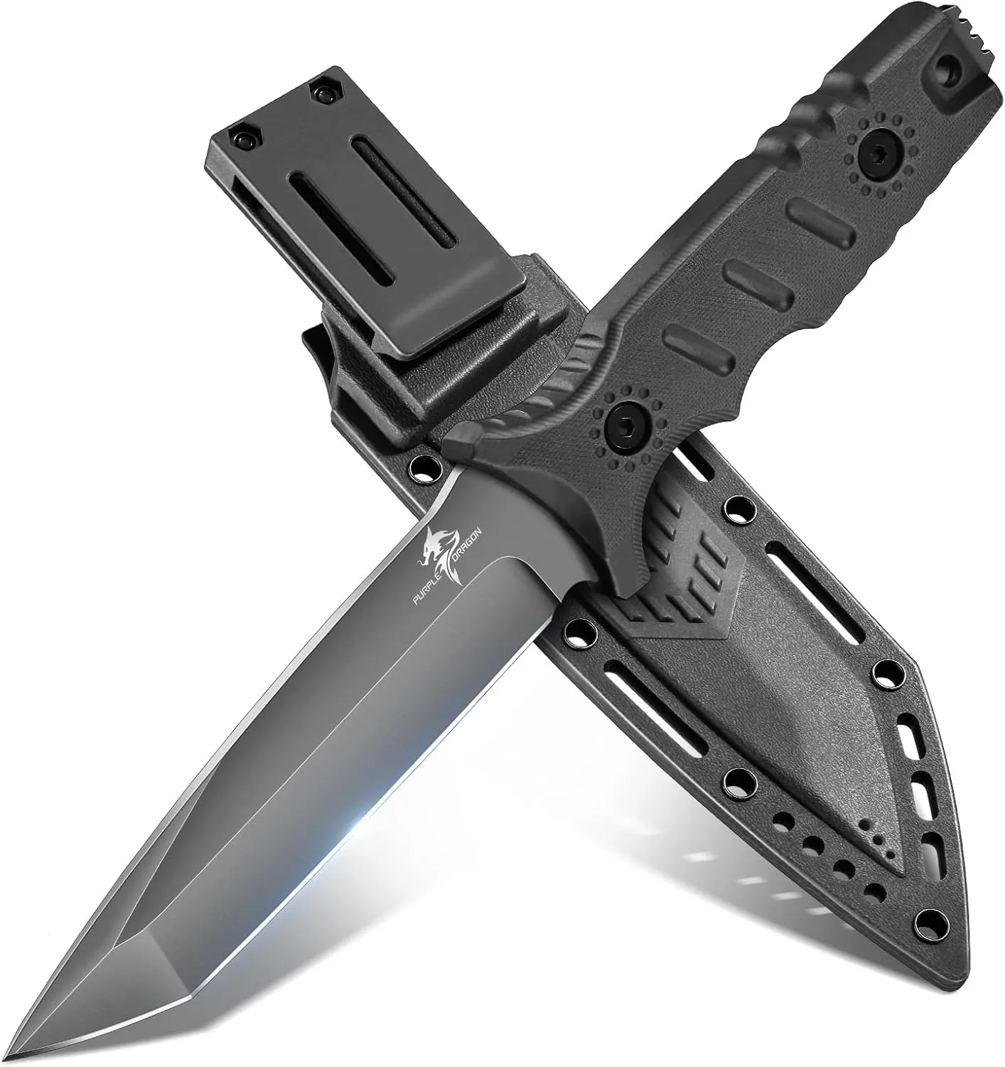 Purple Dragon Black Survival Knife with Kydex Sheath, Full Tang Fixed Blade Hunting Knife Made from a Single Piece of D2 Steel, Field Knife for Bushcraft Camping and Hunting, Gifts for Men