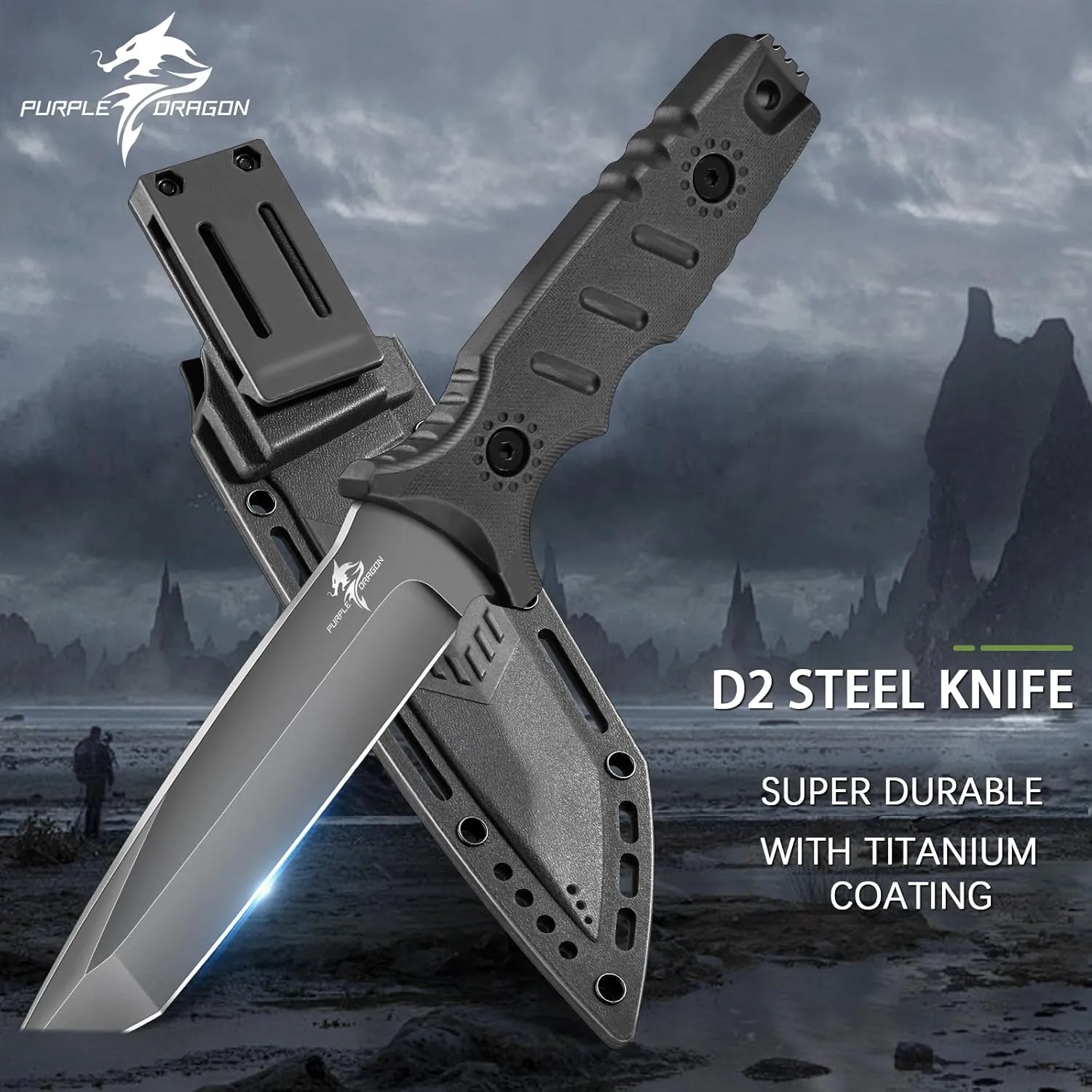Purple Dragon Black Survival Knife with Kydex Sheath, Full Tang Fixed Blade Hunting Knife Made from a Single Piece of D2 Steel, Field Knife for Bushcraft Camping and Hunting, Gifts for Men