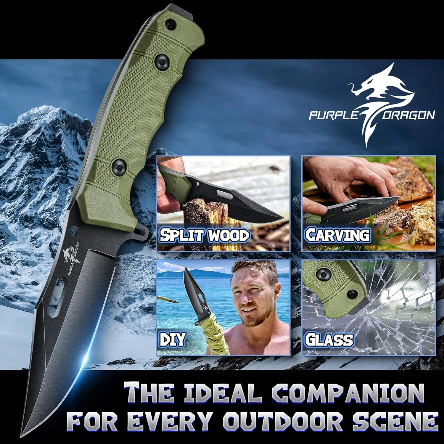 Purple Dragon Green Hunting Knife with Kydex Sheath, Full Tang Fixed Blade Made from D2 Steel, Survival Knife for Bushcraft, Camping and Hunting, Men's Gifts