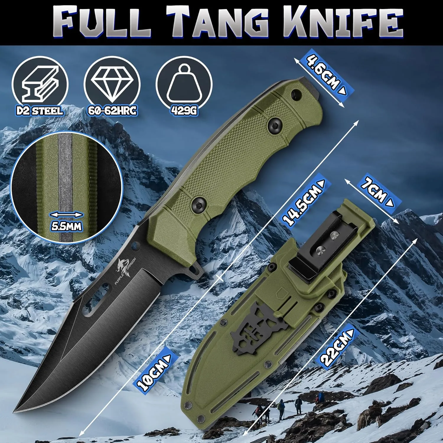 Purple Dragon Green Hunting Knife with Kydex Sheath, Full Tang Fixed Blade Made from D2 Steel, Survival Knife for Bushcraft, Camping and Hunting, Men's Gifts