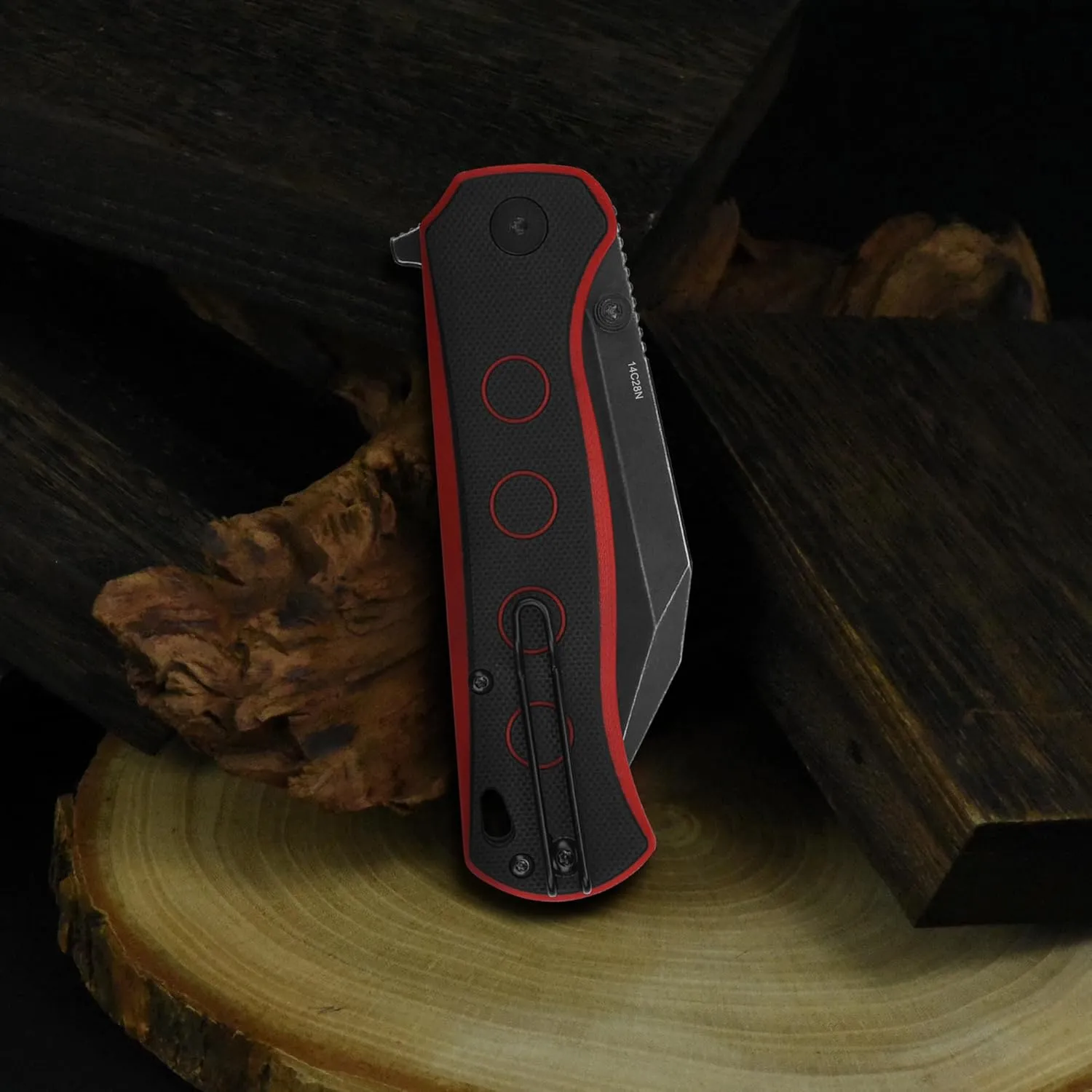 QSP Swordfish Pocket Folding Knife, Button Lock with 14C28N Blade, G-10 and Micarta Handles, Thumbstud with Flipper (Blackwashed Blade, Black/Red G10)