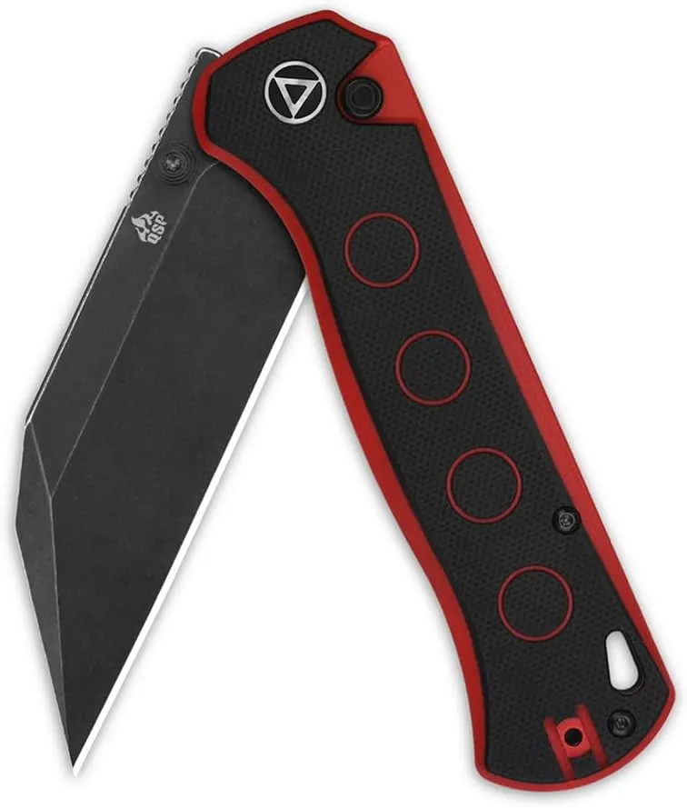 QSP Swordfish Pocket Folding Knife, Button Lock with 14C28N Blade, G-10 and Micarta Handles, Thumbstud with Flipper (Blackwashed Blade, Black/Red G10)