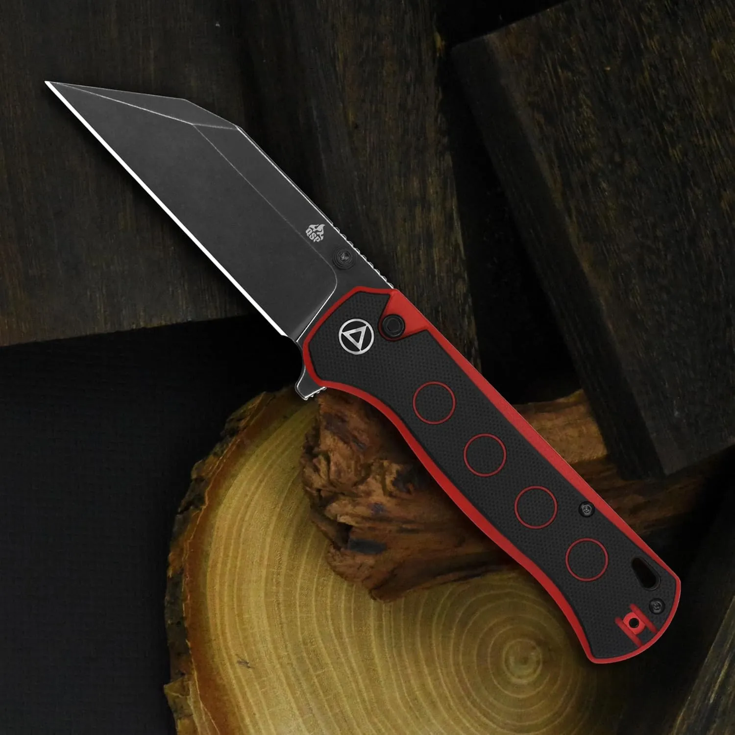 QSP Swordfish Pocket Folding Knife, Button Lock with 14C28N Blade, G-10 and Micarta Handles, Thumbstud with Flipper (Blackwashed Blade, Black/Red G10)