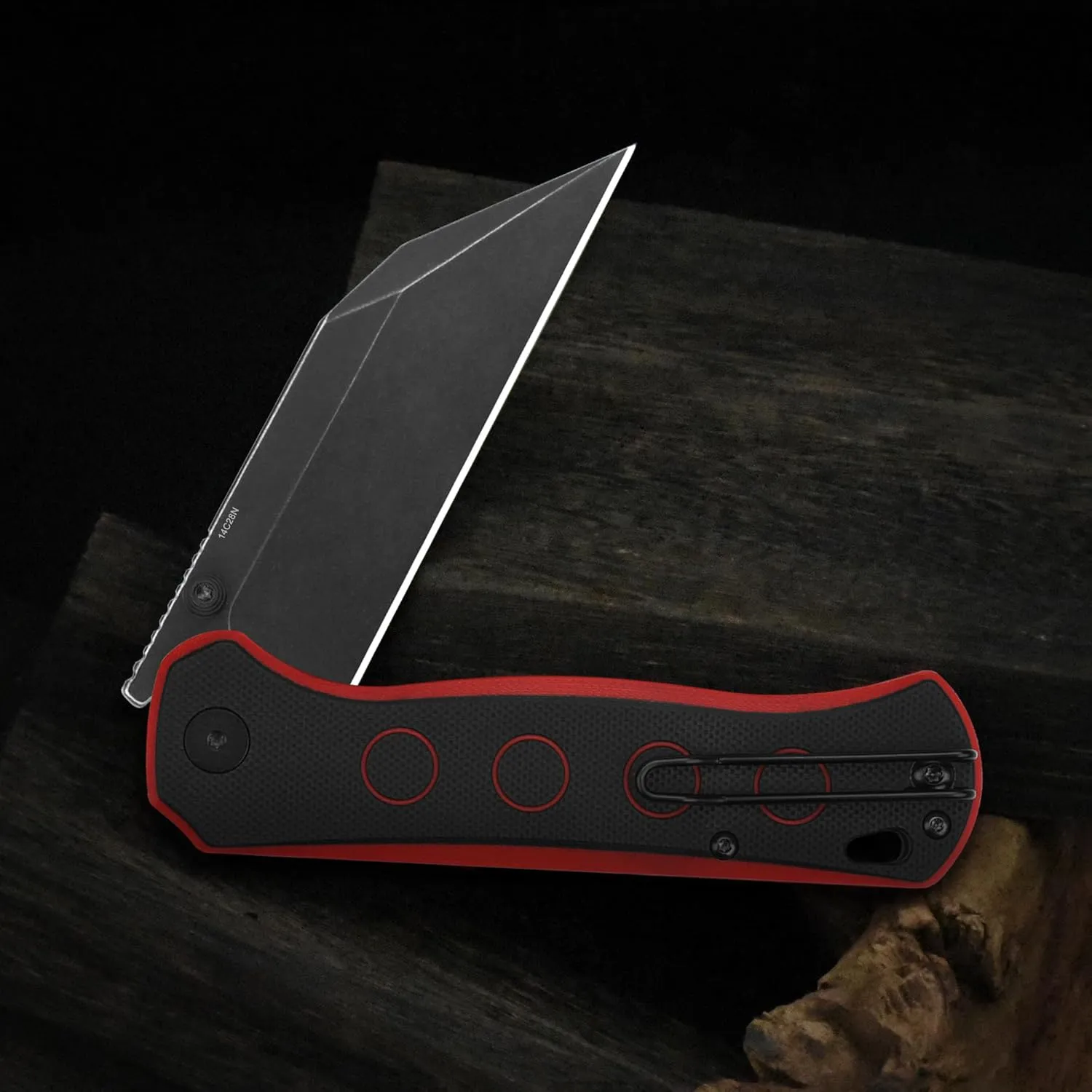 QSP Swordfish Pocket Folding Knife, Button Lock with 14C28N Blade, G-10 and Micarta Handles, Thumbstud with Flipper (Blackwashed Blade, Black/Red G10)