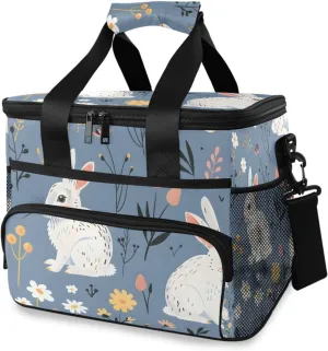 Rabbit Flower Blue Animal Cooler Bag Insulated Cooler Soft Sided Cooler 24 Can Portable Picnic Bag Large Leakproof Lunch Bag Box for Beach Grocery Camping Travel Car Men Women