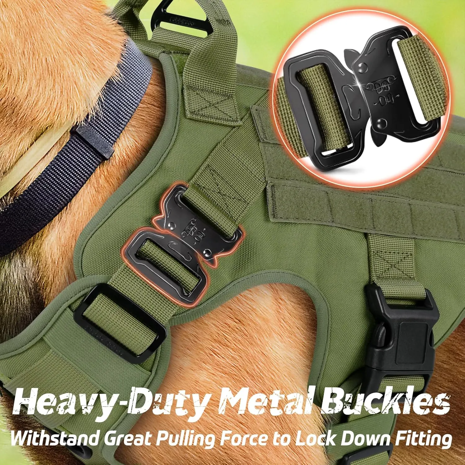 rabbitgoo Tactical Dog Harness Medium Sized, Heavy Duty Pet Harness with Handle, No-Pull Service Vest Medium Breed, Adjustable Military Dog Vest for Training Hunting Walking, Green, M