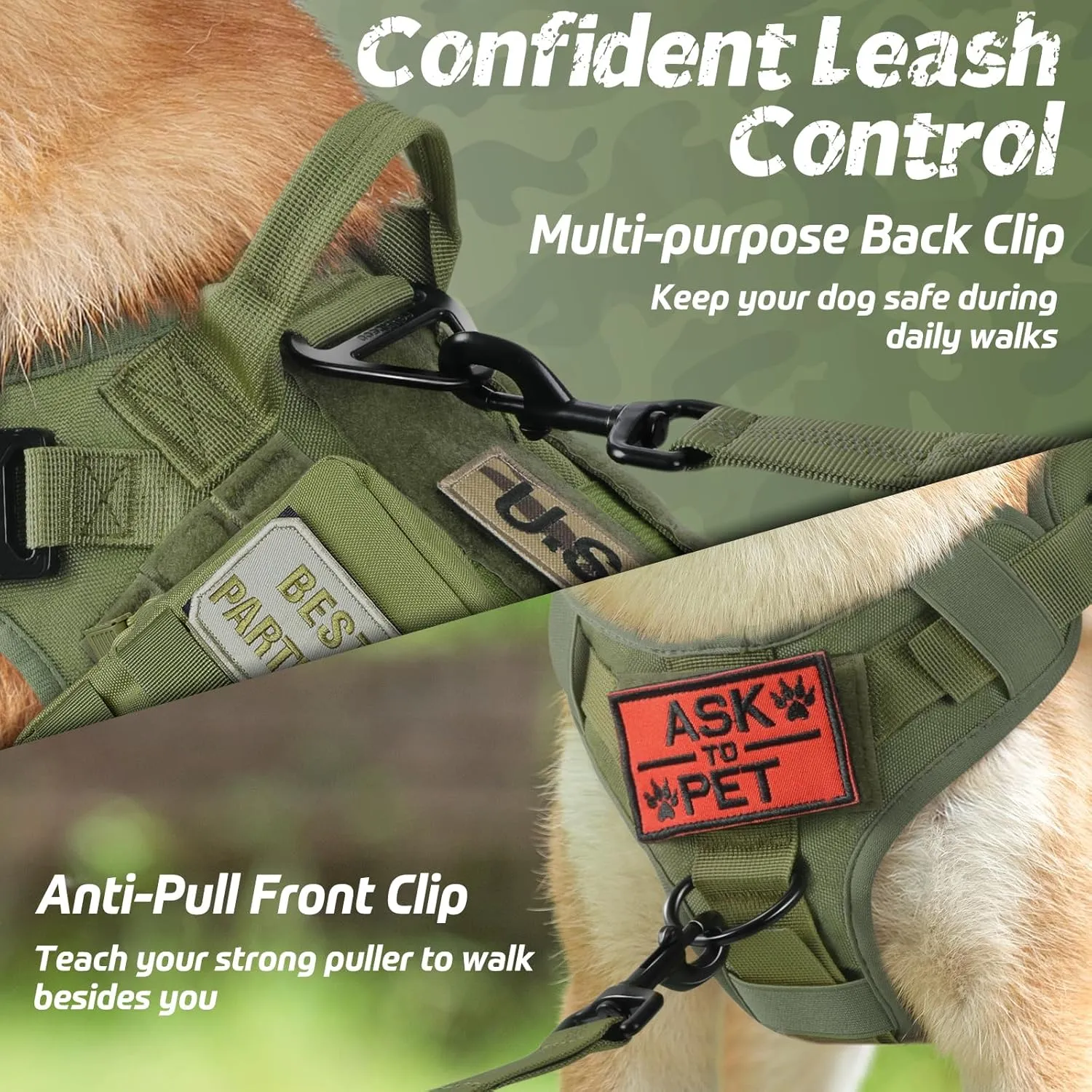 rabbitgoo Tactical Dog Harness Medium Sized, Heavy Duty Pet Harness with Handle, No-Pull Service Vest Medium Breed, Adjustable Military Dog Vest for Training Hunting Walking, Green, M