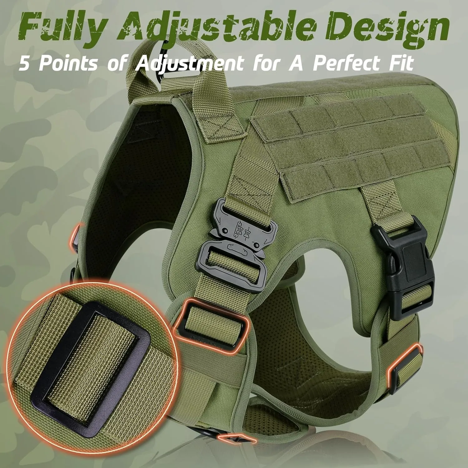 rabbitgoo Tactical Dog Harness Medium Sized, Heavy Duty Pet Harness with Handle, No-Pull Service Vest Medium Breed, Adjustable Military Dog Vest for Training Hunting Walking, Green, M
