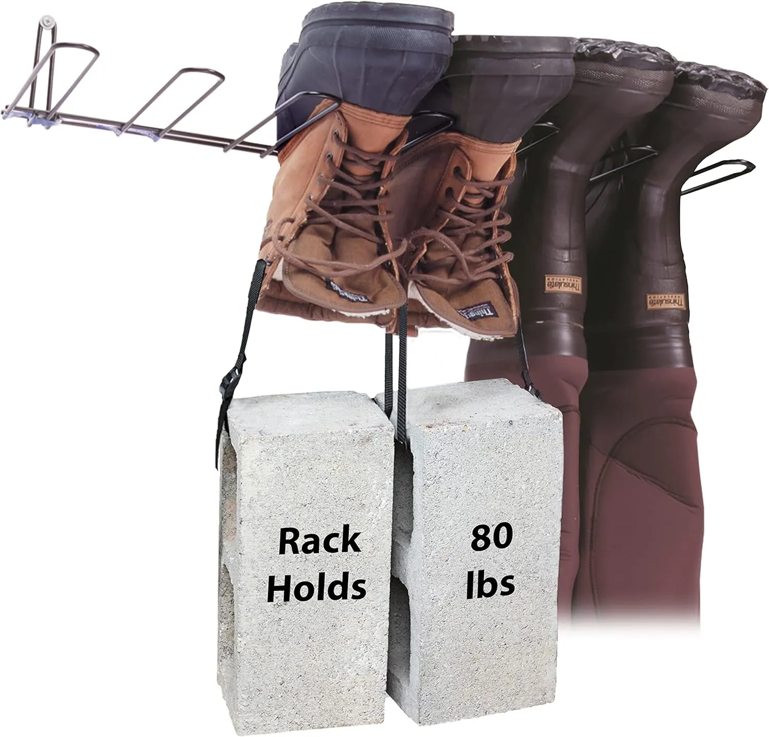 Rack'Em Boot Wader Rack - Storage for Waders - Boots - Shoe Dryer - Wall Mounted Hanger Organizer - Heavy Duty - Holds 3 Pairs