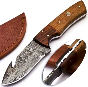 Rare Custom Damascus Fuller Gut Hook Knife Skinning Knife Hunting Knife |Outdoor Knife Camping Knife | Color Wood Handle with Free Genuine Leather Sheath (S-76)