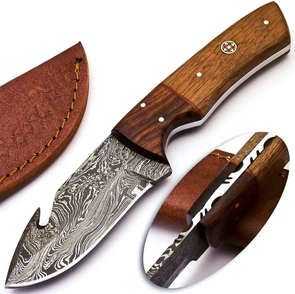 Rare Custom Damascus Fuller Gut Hook Knife Skinning Knife Hunting Knife |Outdoor Knife Camping Knife | Color Wood Handle with Free Genuine Leather Sheath (S-76)
