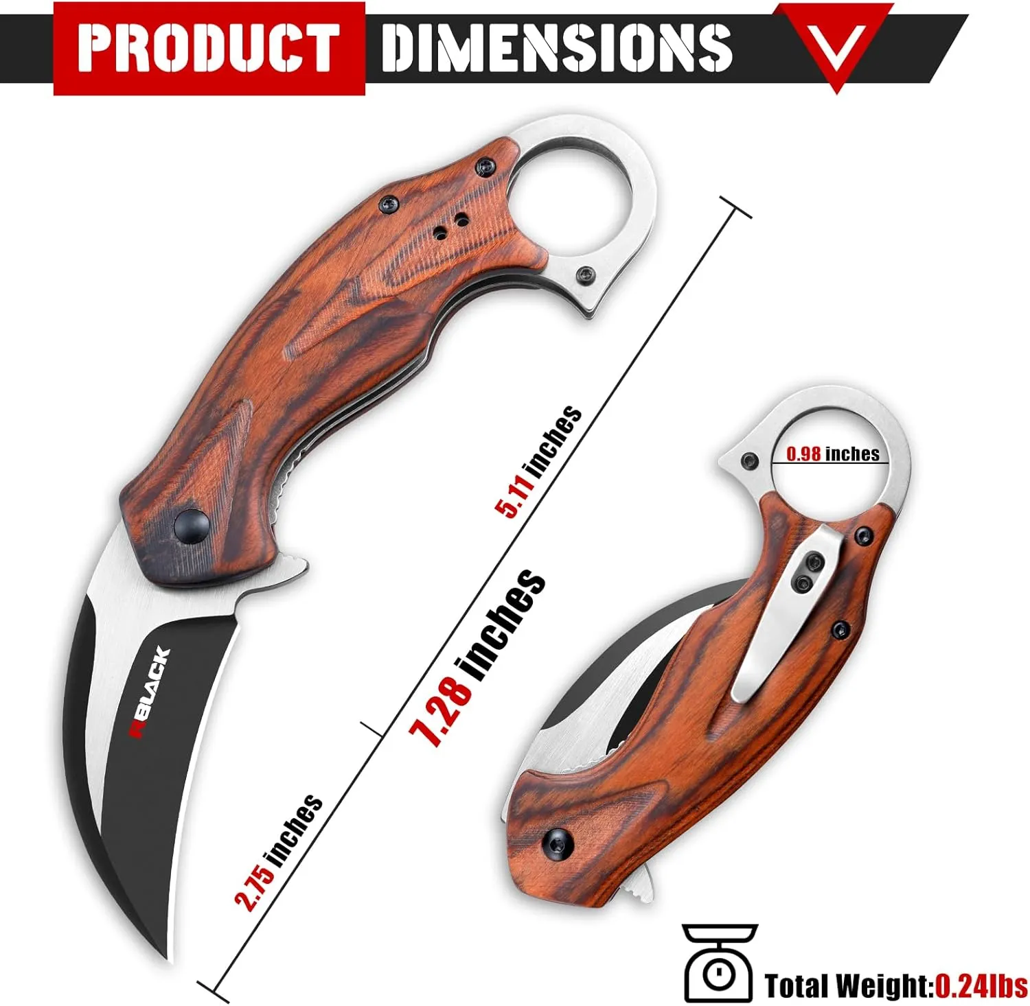 RBLACK Karambit Folding Knife with Pocket Clip, Black Stainless Steel Blade with Wooden Handle, Claw Knives for Tactical Hunting Camping Hiking EDC Outdoor