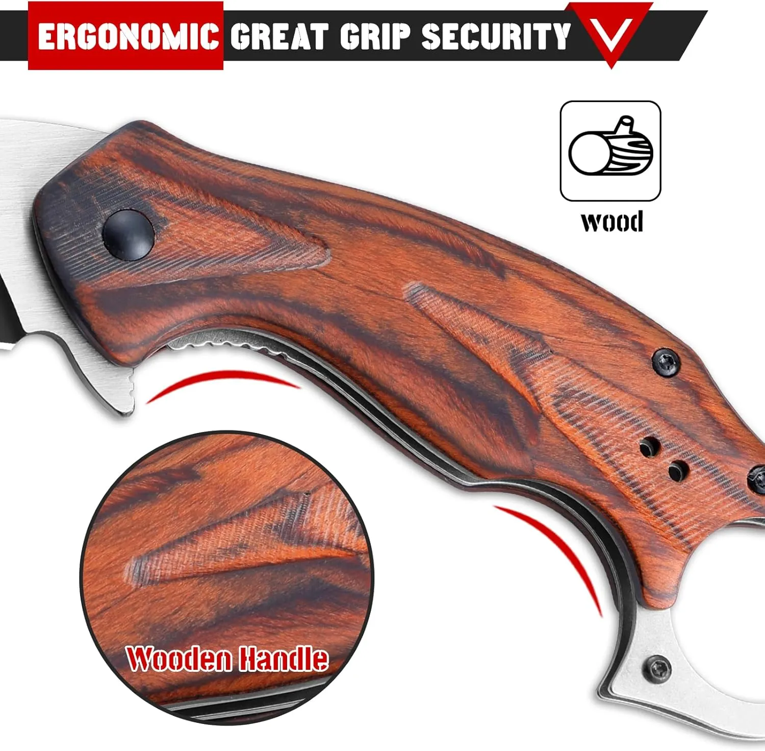 RBLACK Karambit Folding Knife with Pocket Clip, Black Stainless Steel Blade with Wooden Handle, Claw Knives for Tactical Hunting Camping Hiking EDC Outdoor