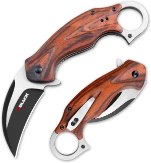 RBLACK Karambit Folding Knife with Pocket Clip, Black Stainless Steel Blade with Wooden Handle, Claw Knives for Tactical Hunting Camping Hiking EDC Outdoor
