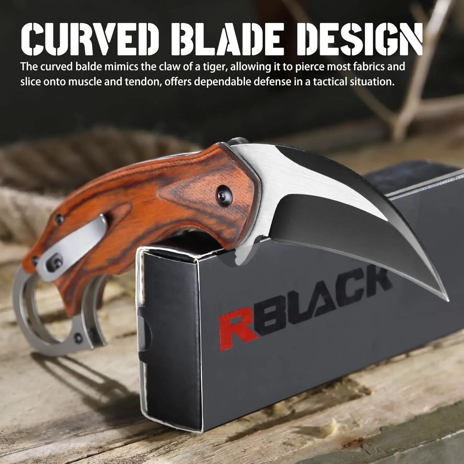 RBLACK Karambit Folding Knife with Pocket Clip, Black Stainless Steel Blade with Wooden Handle, Claw Knives for Tactical Hunting Camping Hiking EDC Outdoor
