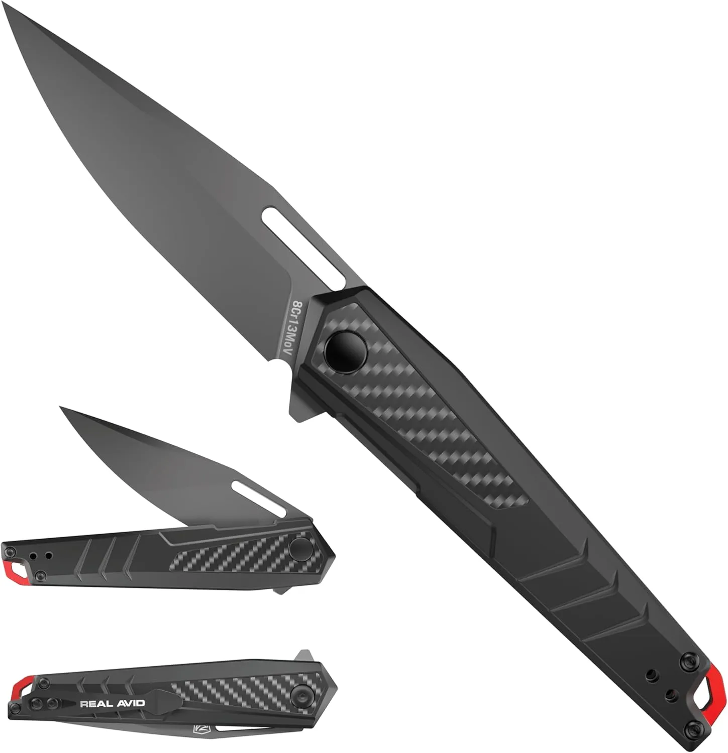 Real Avid RAV-5 EDC Knife | Folding Knife 3.4" Drop Point Blade, 8Cr13MoV Steel, Pocket Knife w/ Aluminum   CF Handle Titanium Finish Liner Lock Type