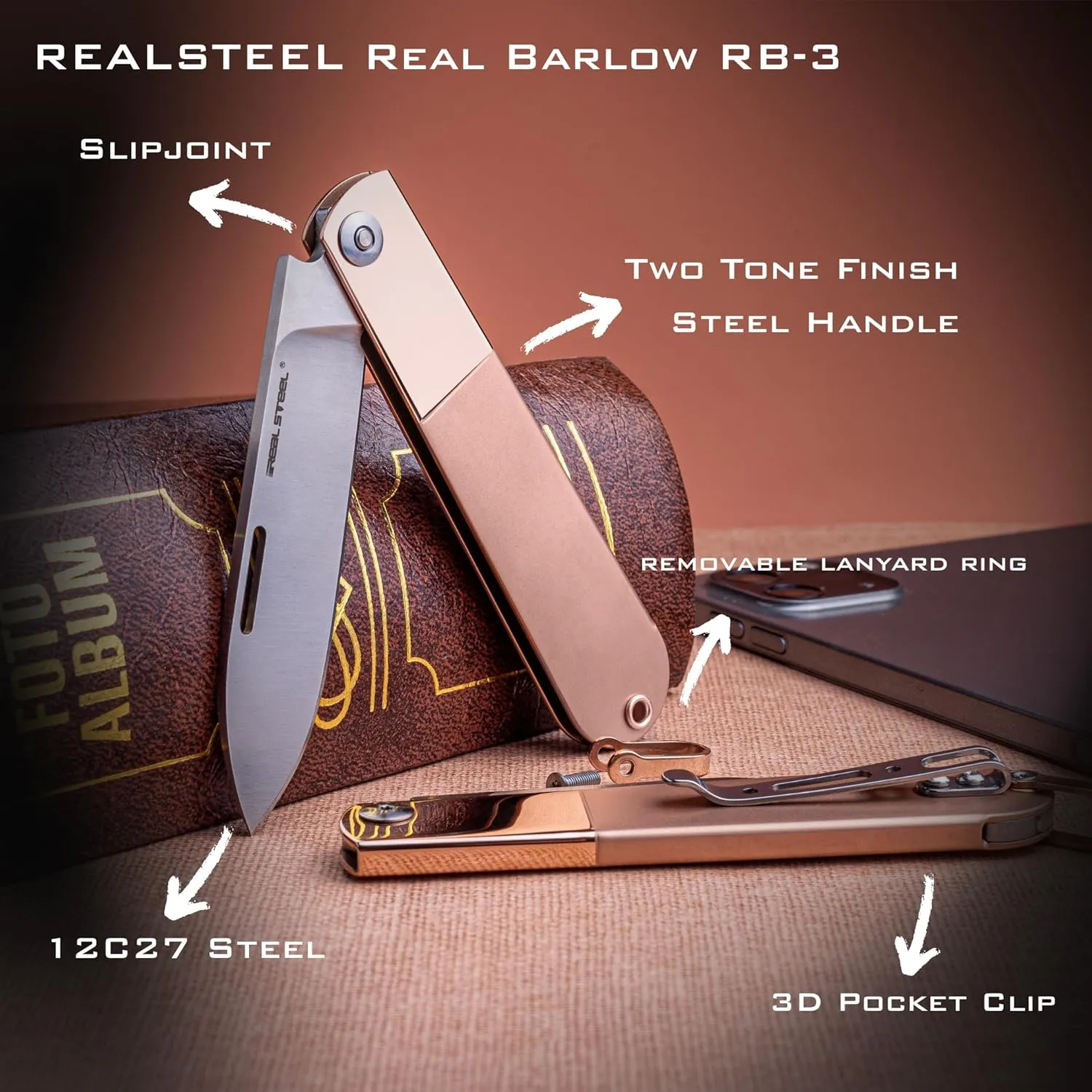 REALSTEEL Real Barlow RB-3 Folding Knife,Pocket Knives,Color Layering Steel Handle,Slipjoint,Nail Nick,2.8" 12C27 Steel,Drop/Clip Point,1.7oz,Indoor Utility EDC,Gift for Men Women,Cutting Fruit,Chesee,Bread (Gold Drop)