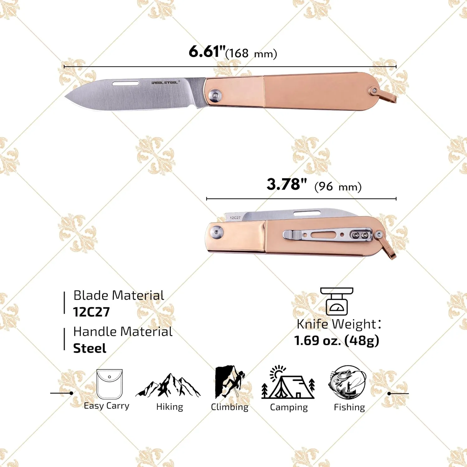 REALSTEEL Real Barlow RB-3 Folding Knife,Pocket Knives,Color Layering Steel Handle,Slipjoint,Nail Nick,2.8" 12C27 Steel,Drop/Clip Point,1.7oz,Indoor Utility EDC,Gift for Men Women,Cutting Fruit,Chesee,Bread (Gold Drop)