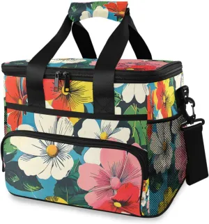 Retro Floral Pattern Summer Cooler Bag Insulated Cooler Soft Sided Cooler 24 Can Portable Picnic Bag Large Leakproof Lunch Bag Box for Beach Grocery Camping Travel Car Men Women