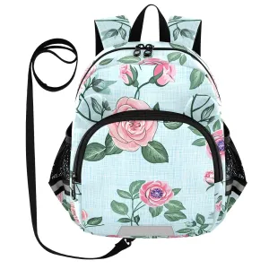 Rose Blossom Foliage Lightblue Toddler Harness Backpack for Boys Girls 3-6 Years Kids Backpack with Anti Lost Safety Leash Baby Travel Bag for Preschool Travel Walking
