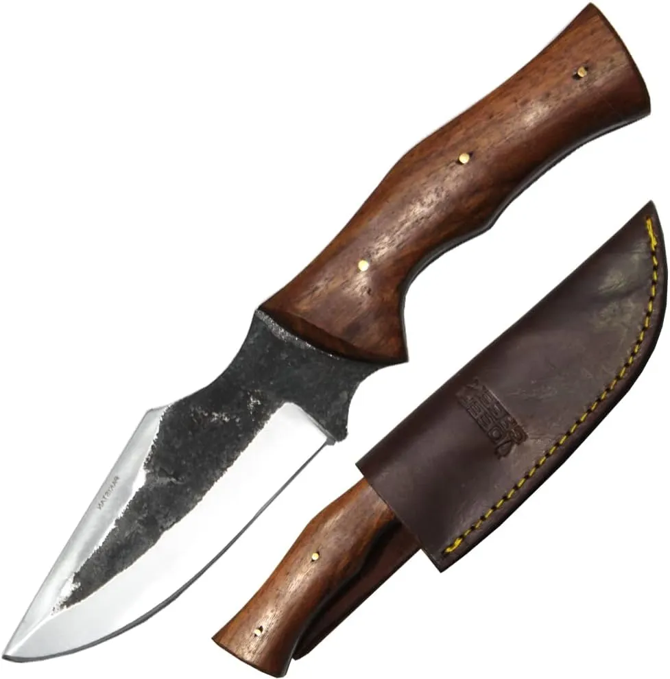 Rtek 9" Hand Forged Rosewood Handle Hunting Knife with Leather Sheath, Full-tang Fixed Blade (9" Finger Grip)